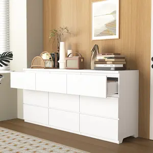 SAVEYOUR 9-Drawer Matte White No-Handle Modern Dresser - 63-Inch Desktop Freestanding Storage Chest for Bedroom, Living Room