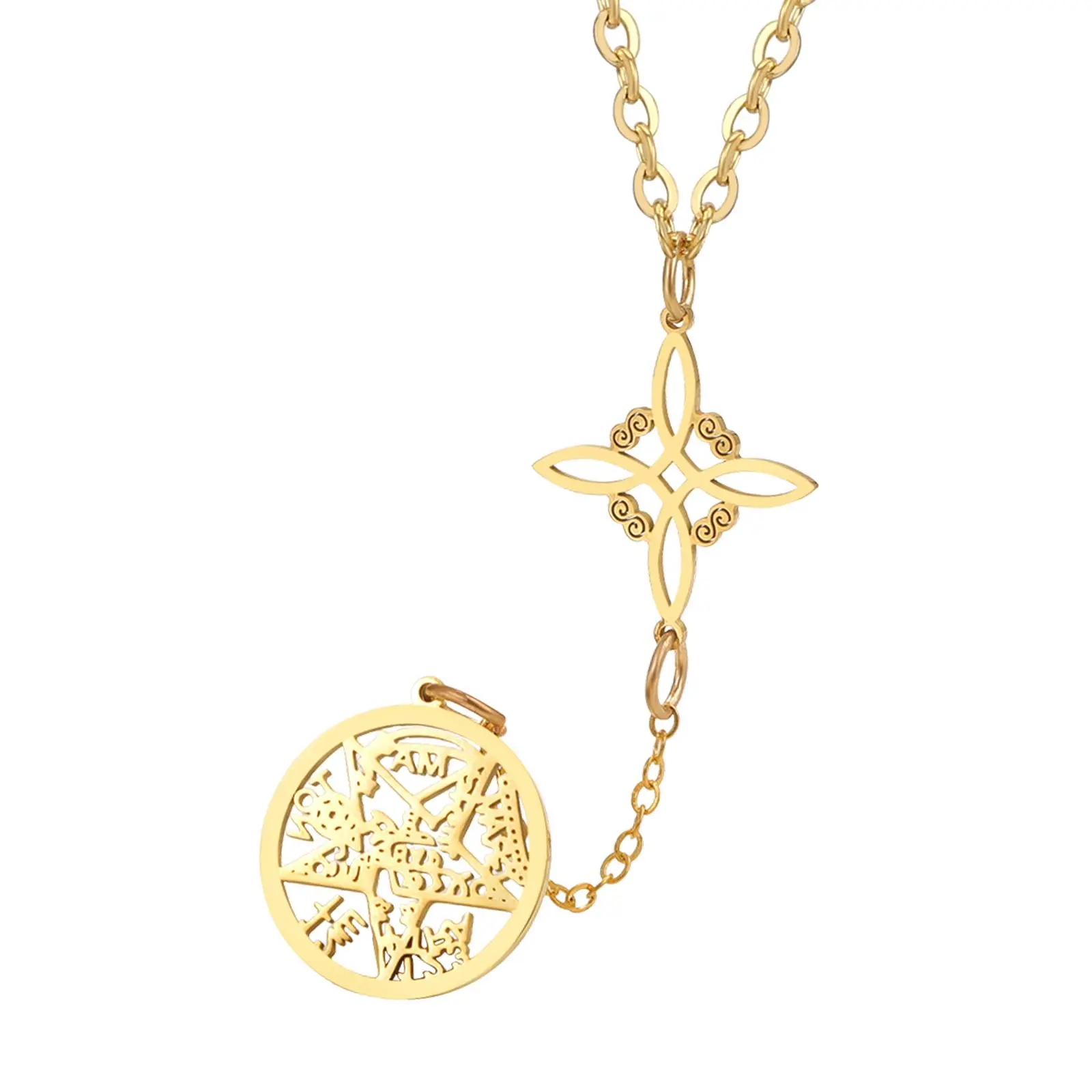OIDEA Women's Witch Knot Double Pendant Necklace - 0.75 In Tetragrammaton Pentagram Imager, Celtic Knot Gold Tone Protection Spiritual Jewelry, Pagan Wicca Meditation Witchy Accessory, Meaningful Gift