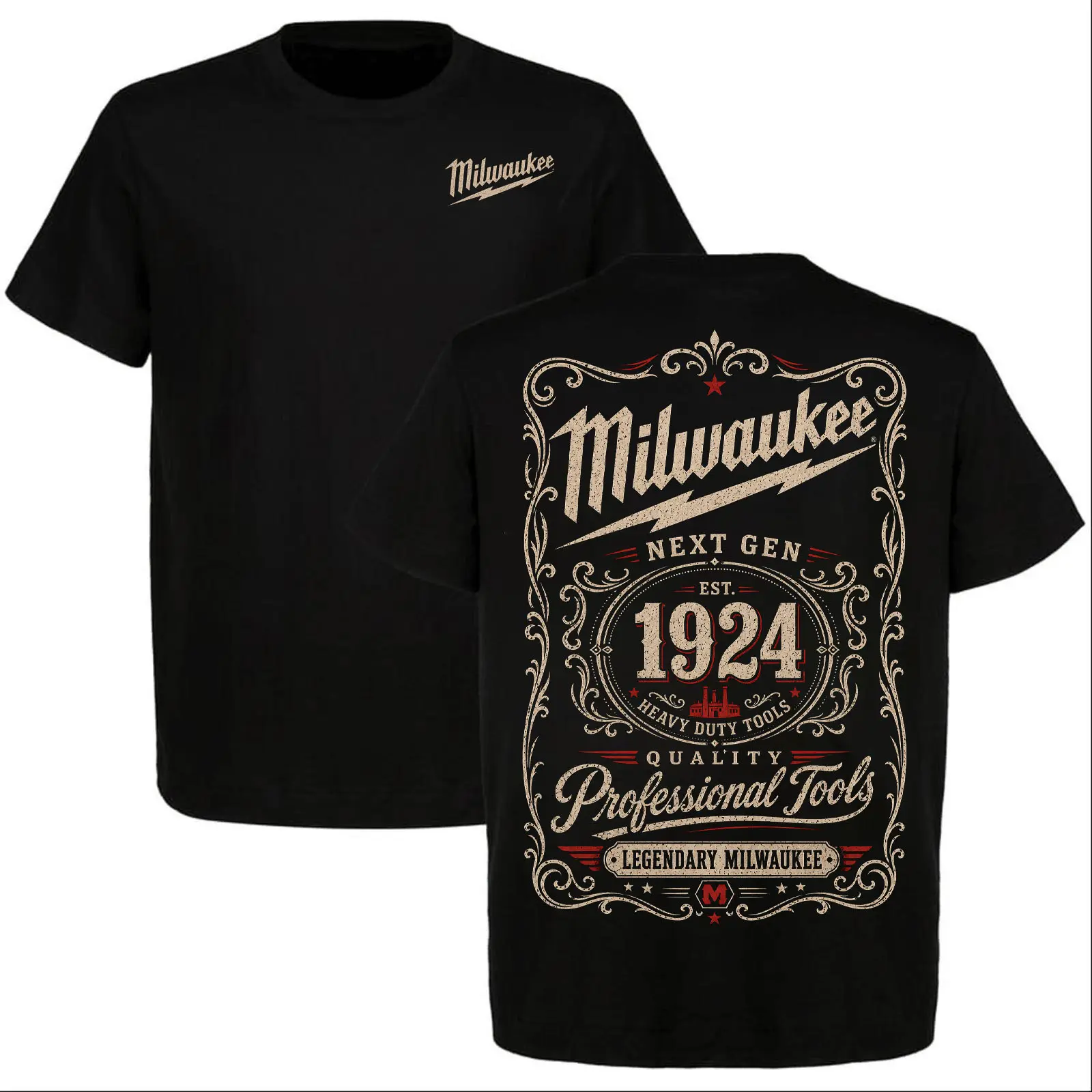 Men's Milwaukee Tools Crew Neck Short Sleeve Fitted T-Shirt - 1924 Vintage Heavy Duty Tool Digital Graphic, Front & Back Print, Construction Worker Sports & Outdoor Top Gift, Digital Print, Front And Back Print Construction