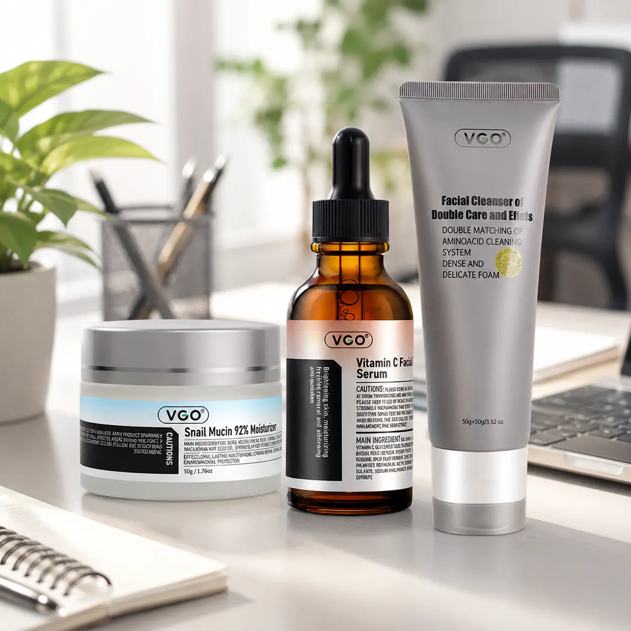 VGO Daily Layer Trio 3-Step Unisex Skincare Set | Gentle Foam Cleanser (Cleans Daily Buildup), Vitamin C Serum, Snail Mucin Gel-Cream for Face, All Skin Types, Easy to Use Morning or Night, Smooth, Hydrated Skin