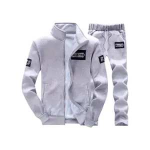 Men's Printed Long Sleeve Sports Casual Jacket and Pants Set, Basic Style, Stand Collar, Non-Stretch, Letter Pattern, Pocket Detail, Regular Fit, Polyester Blend, Knitted Fabric, Spring/Autumn Season