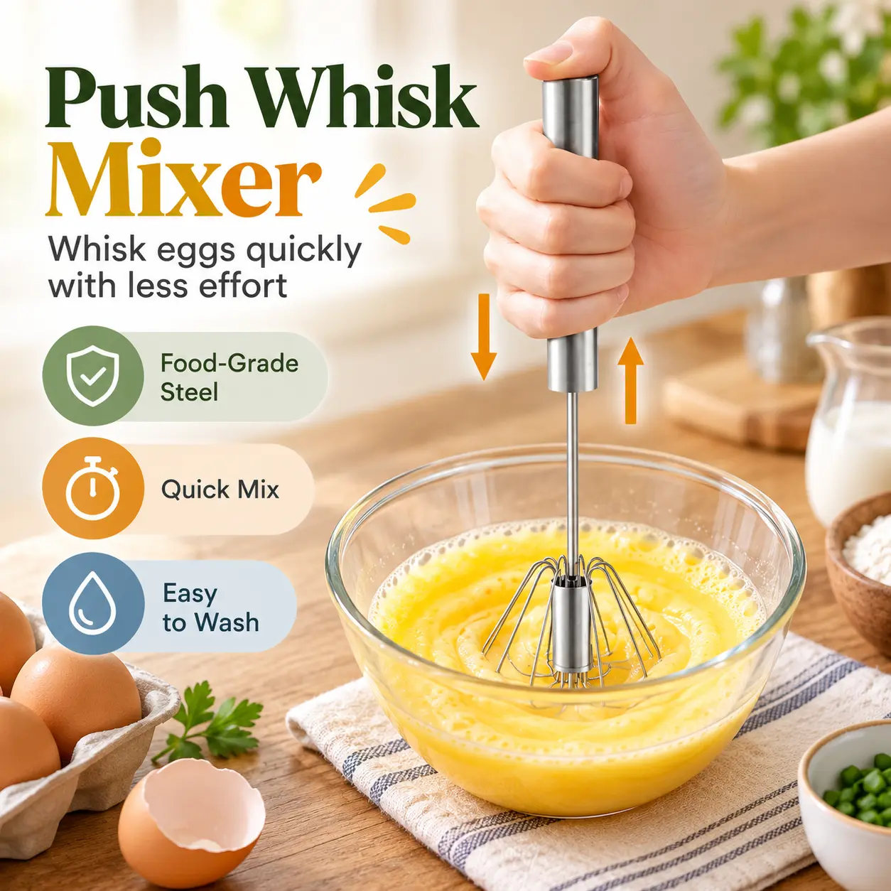 Stainless Steel Hand-Push Rotary Whisk, Semi-Automatic Egg Beater with Riveted Construction for Eggs, Batter, Cream, Sauces, Blending, Whisking & Stirring