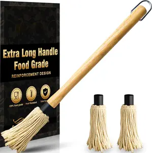 18" BBQ Basting Mop Brush – Wooden Handle with 3 Mop Heads for Grilling, Smoking, and Barbecue Sauces