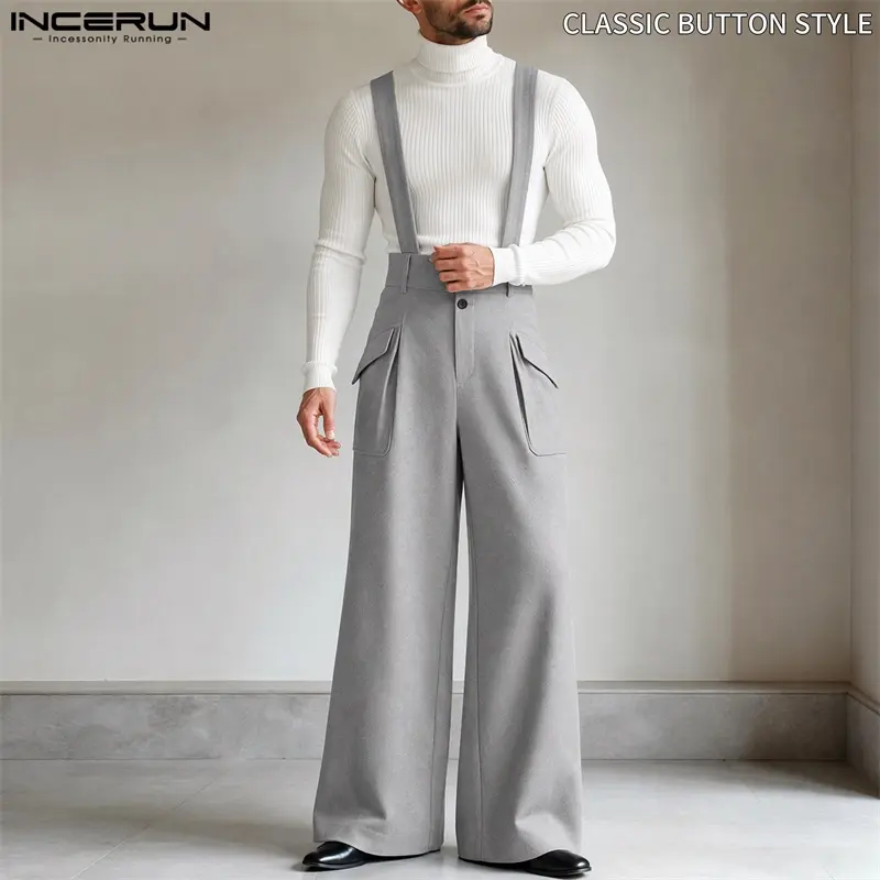 INCERUN Menswear Vintage Chic High-Waisted Straight-Leg Suspender Overalls - 100% Polyester, Adjustable Buckle Straps, Lightweight Breathable Plain, Fashion Party-Ready Jumpsuit with Modern Edge for Spring/Summer Casual Wear