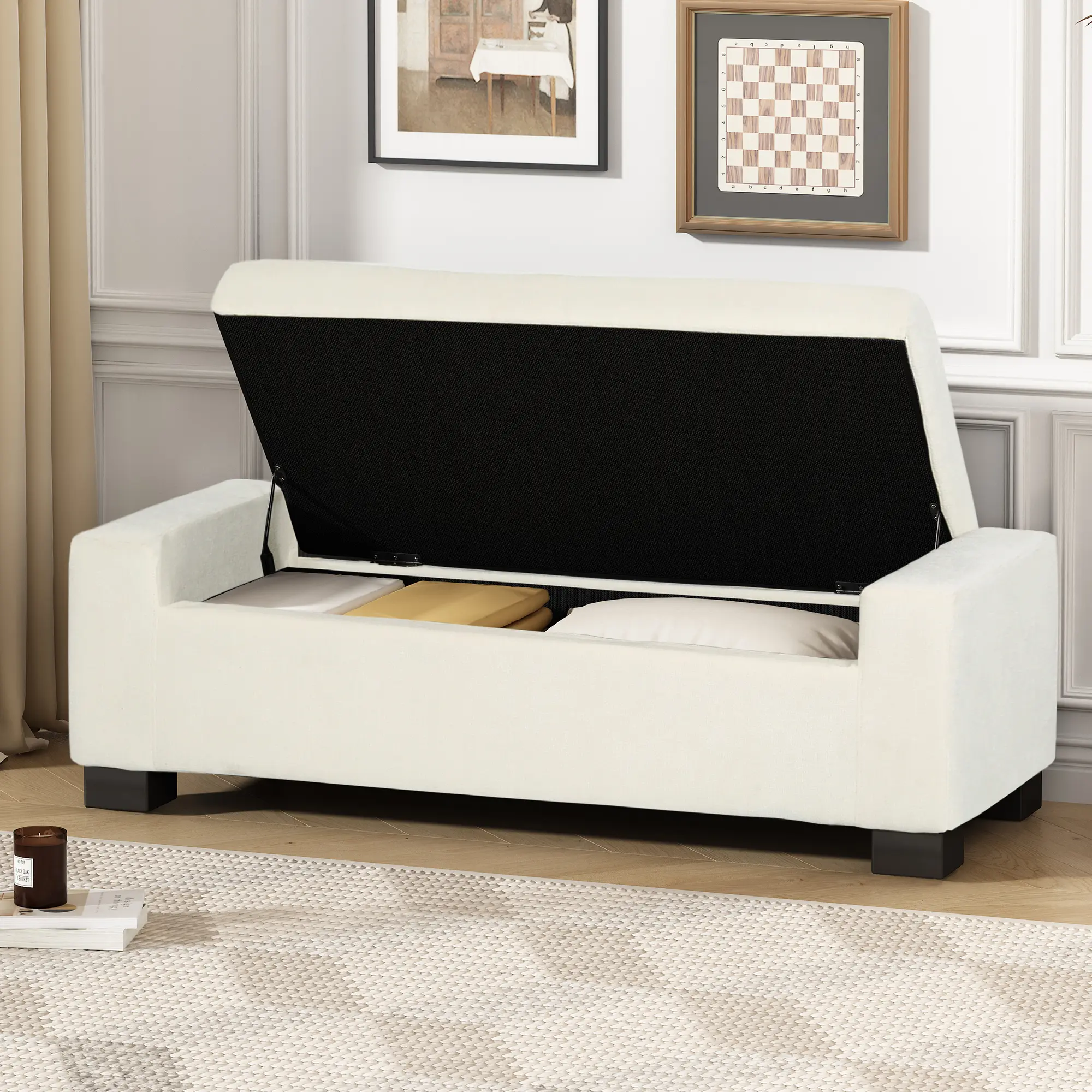 Ottoman Bench with Hidden Storage, 50-Inch Rectangular Design in Textured White Polyester Fabric, Hinged Lid for Seating and Footrest