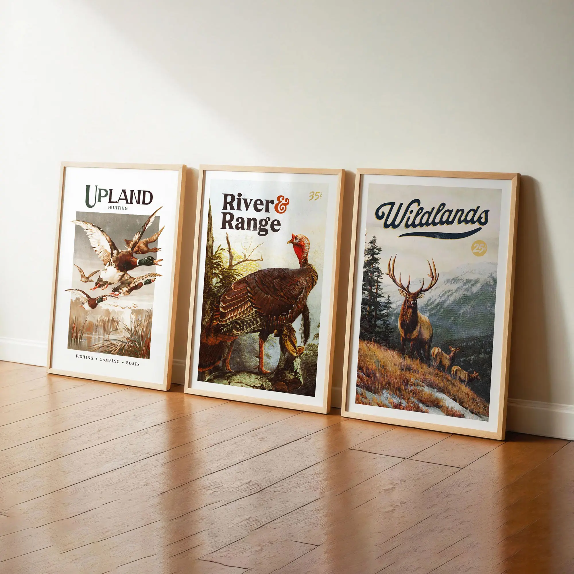 Retro Hunting Art Prints Set of 3, Outdoors Cabin Wall Decor, Vintage Wilderness Posters, Rustic Nature Decoration