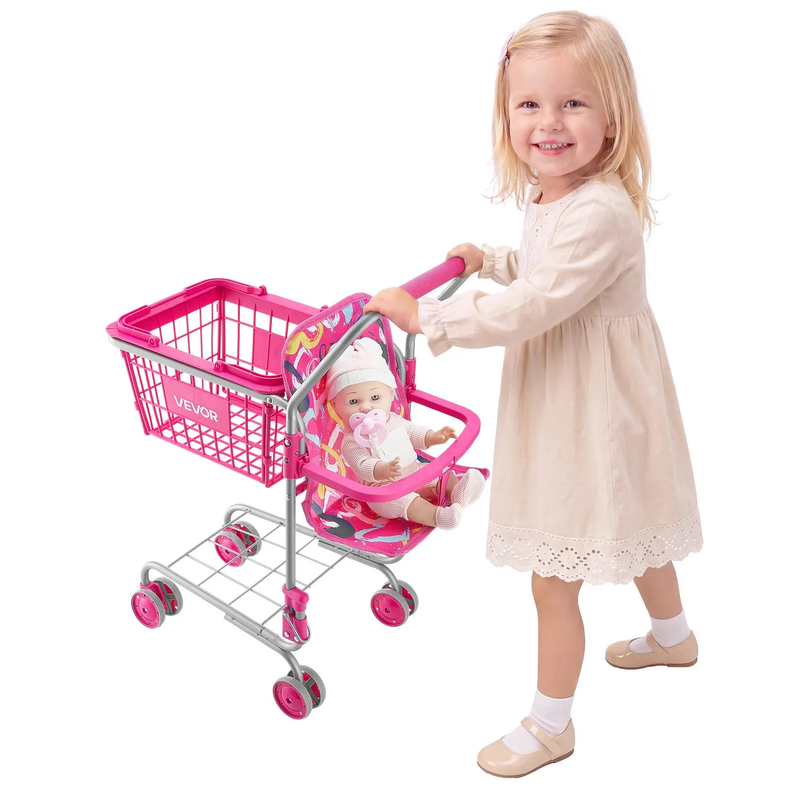 【SummerFinds】VEVOR Shopping Cart for Kids, Sturdy Metal Frame, Toy Shopping Cart with Baby Doll, 4 Rolling Wheels, Doll Seat Carrier, Grocery Pretend Play Toy Trolley, Folds for Easy Storage, for Toddlers Ages 3+