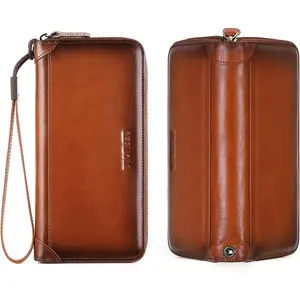 Men's  Zipper Wallet with RFID Blocking, Phone Pocket,Long Zipper Pouch Wallet (Brown)