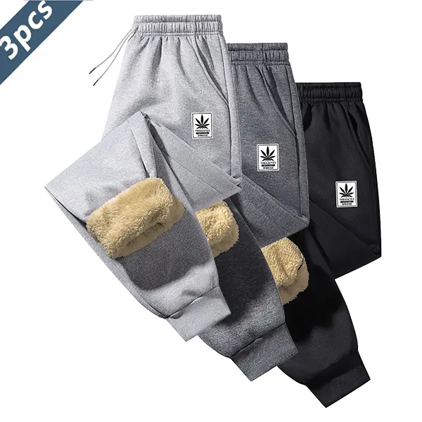 Men's 3-Pcs Basics Plain Fleece Trouser Set - 100% Polyester Menswear, Thick Sherpa Lining, Slant Pockets, Sports-Ready, Pants for Daily Wear