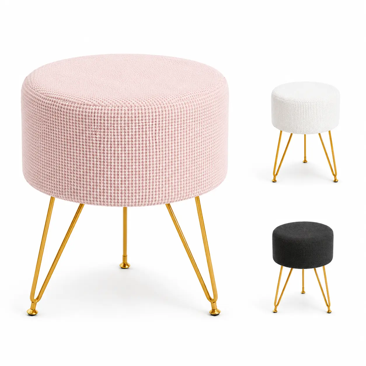 Round Vanity Stool Velvet Ottoman Footrest Chair with Artificial Fur Seat Cover and Metal Legs Perfect for Bathroom Bedroom Living Room and Office Use