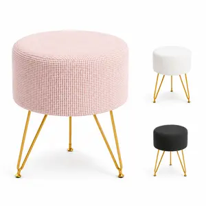 Round Vanity Stool Velvet Ottoman Footrest Chair with Artificial Fur Seat Cover and Metal Legs Perfect for Bathroom Bedroom Living Room and Office Use