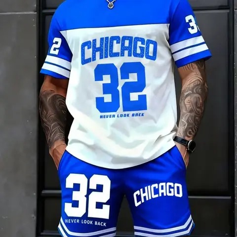 Men's 2-Piece Casual Outdoor Outfit Set, Clothing Sets, Fashionable Fitted Short Sleeve Tee and Quick-Dry Shorts, Chicago Letter Graphic Print Streetwear