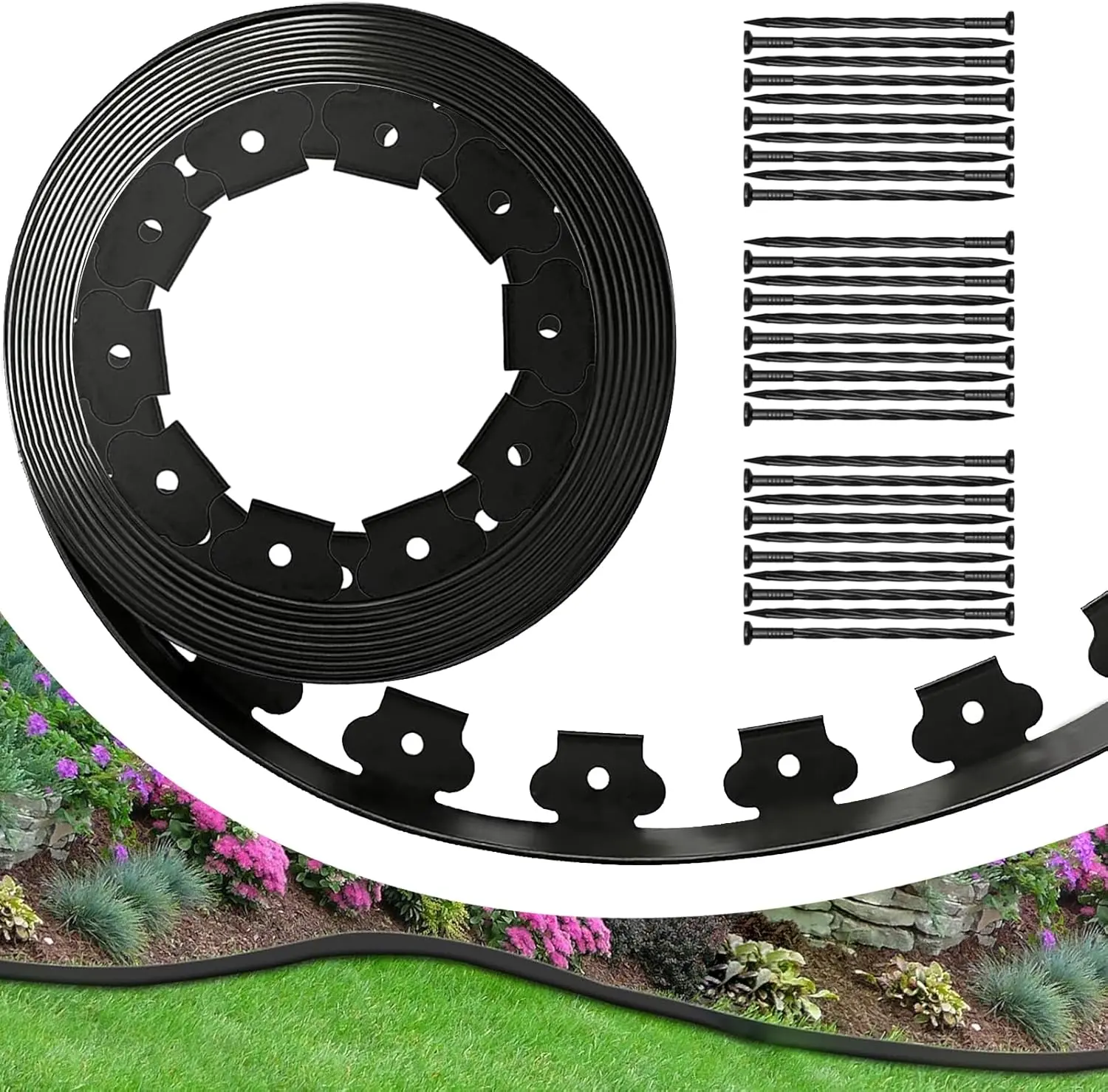 Landscape Edging Kit with 60 Spikes, 4In Tall 66FT Edging Border for, Flower Beds, and Lawn Easy Cutting (Black, 66ft)