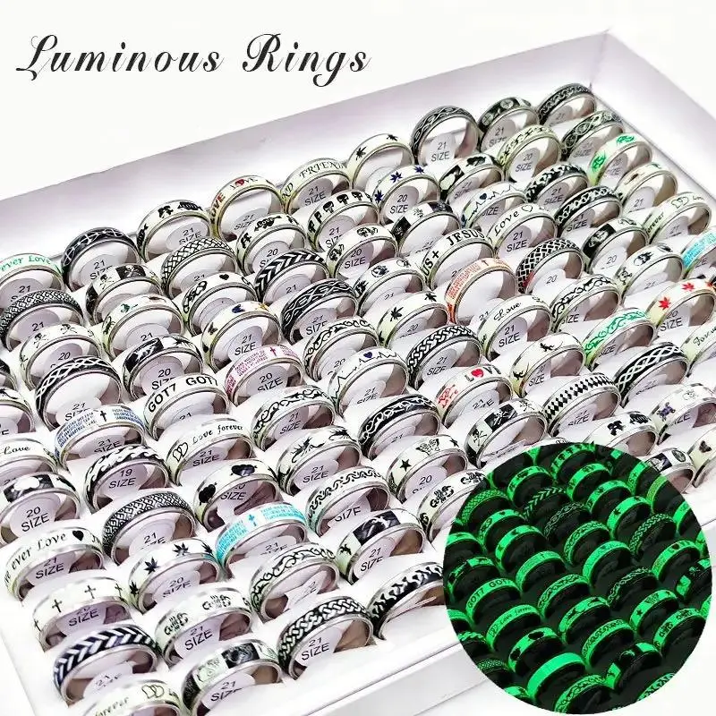 Stainless Steel Glow-in-the-Dark Rings, 50pcs Mixed-Style Set for Women & Men with Luminous ECG Heart, Animal & Love Patterns