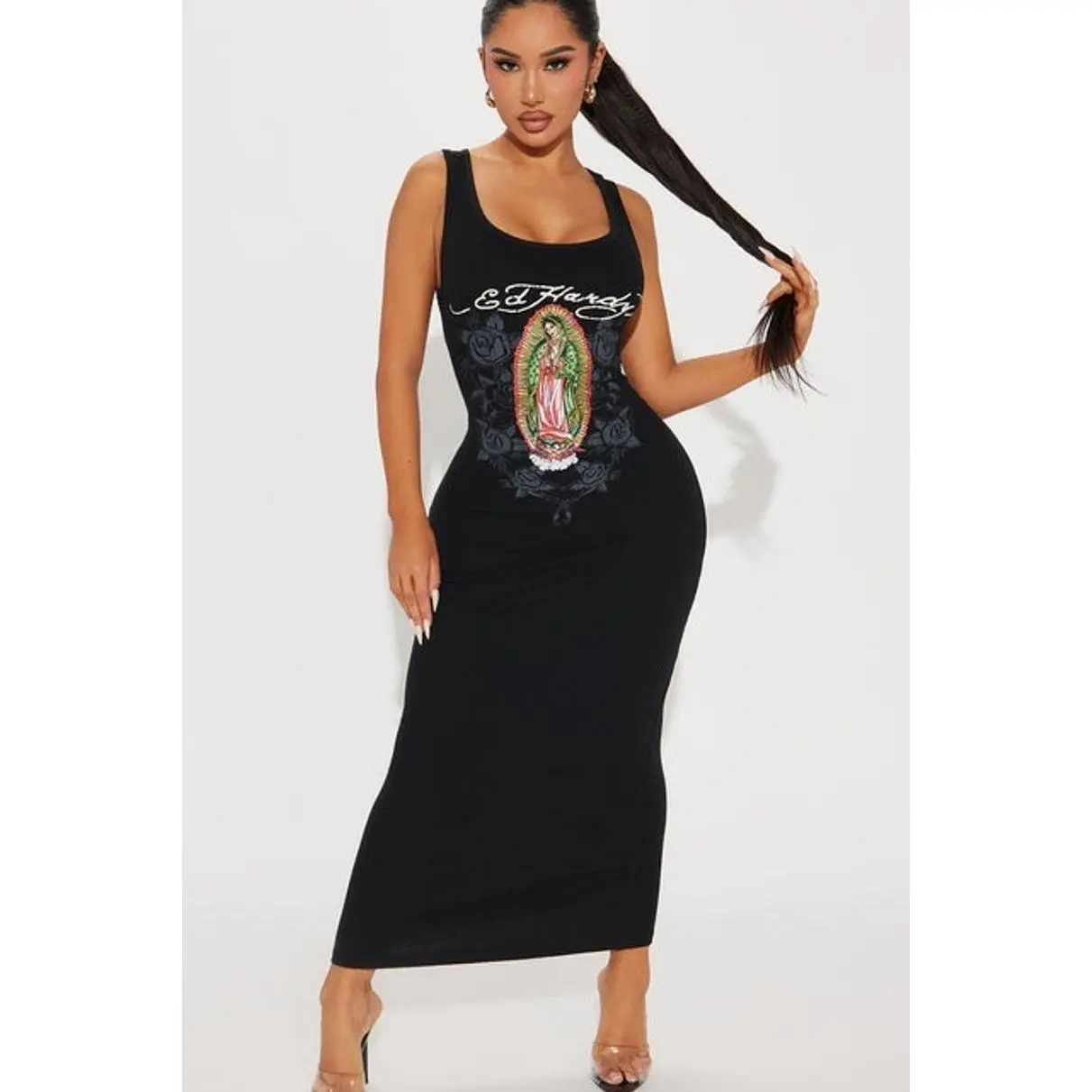 Women's Ed Hardy Mary Ribbed Casual Maxi Dress - Black, Sleeveless, Polyester, Cotton, Spandex Fabric, Graphic Ed Hardy-Inspired Pattern Casual Dress