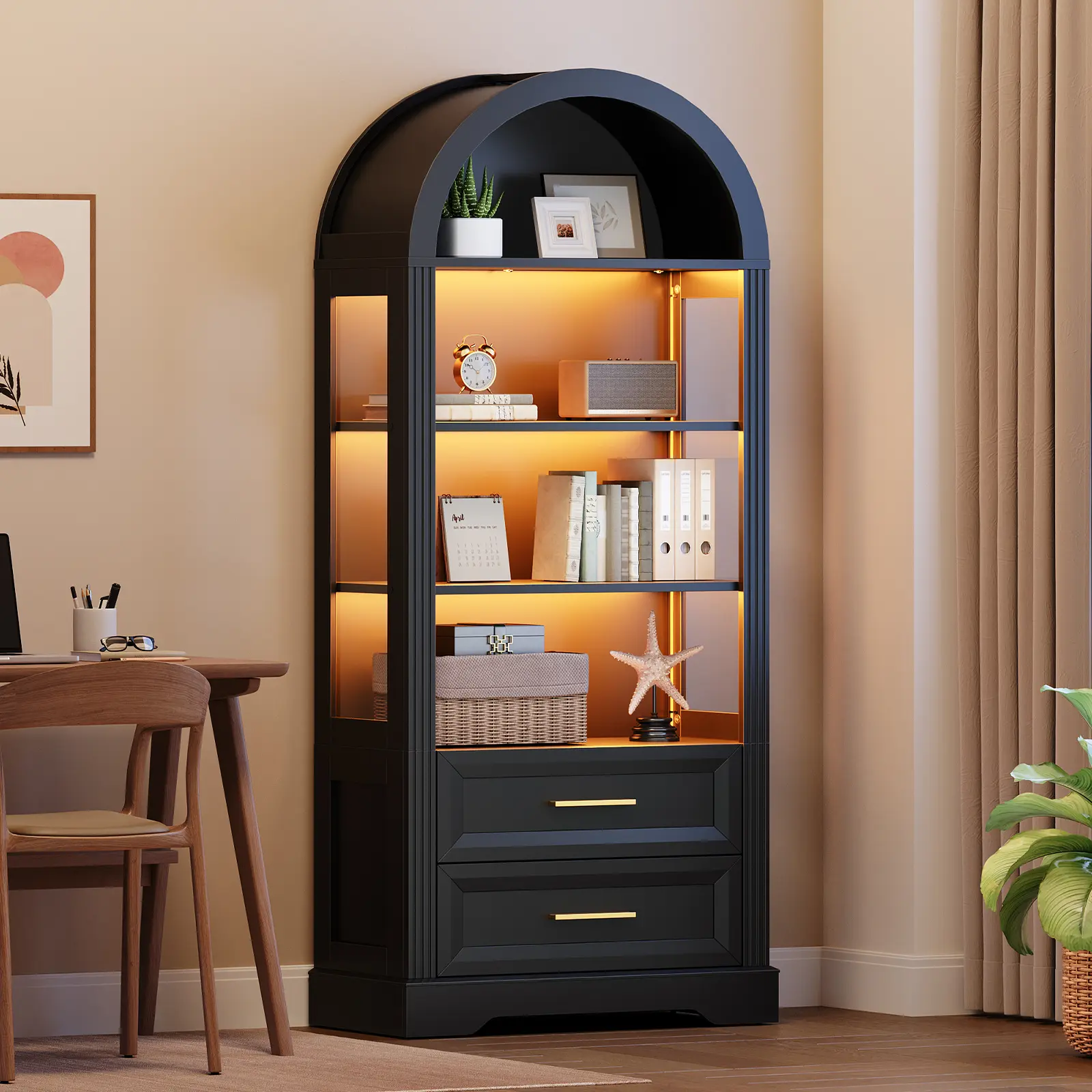 HOOBRO 66.9" Tall Arched Wooden Bookshelf with Lights, 2 Drawers & Open Storage - Farmhouse Book Rack for Bedroom, Living Room Indoor Furniture, Books Display Cabinet, Bookshelf Book Rack