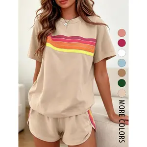 Two-piece women's fashion casual sportswear set, Sporty Comfy Breathable, loose and slim-fit with rainbow striped design, perfect for summer, vacations, indoor, and outdoor wear Womenswear
