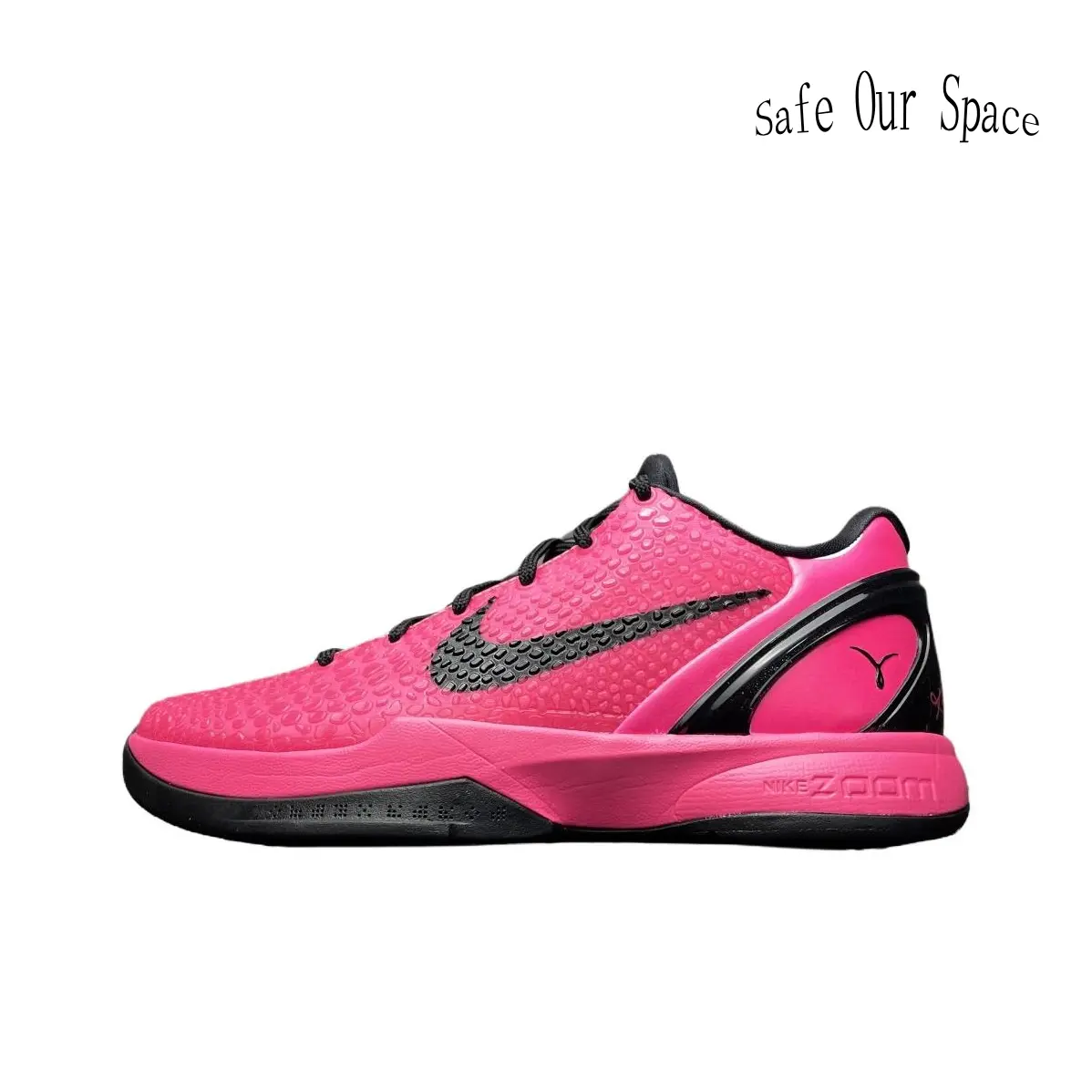 Bright hot pink perforated woven mesh low top performance basketball sneakers, matte black hard plastic overlays, dual-tone black pink rubber cushion outsole, lightweight breathable court trainers