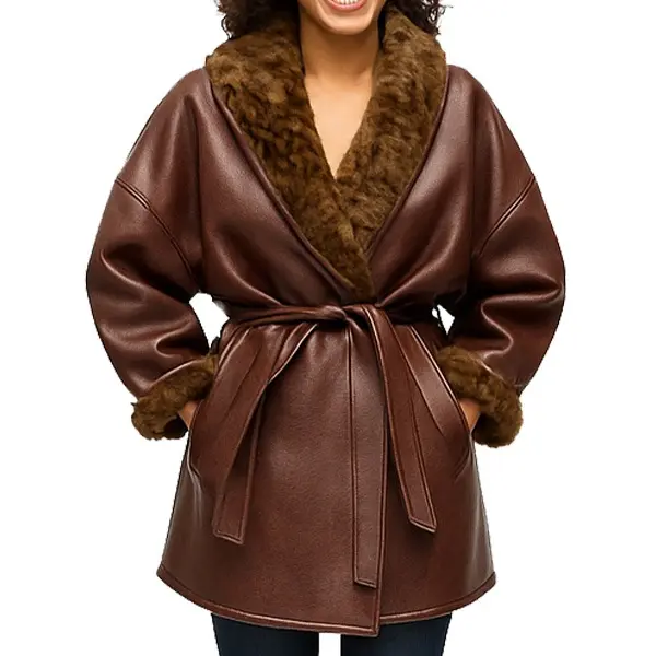 Women's Brown Shearling Leather Coat with Belted Waist