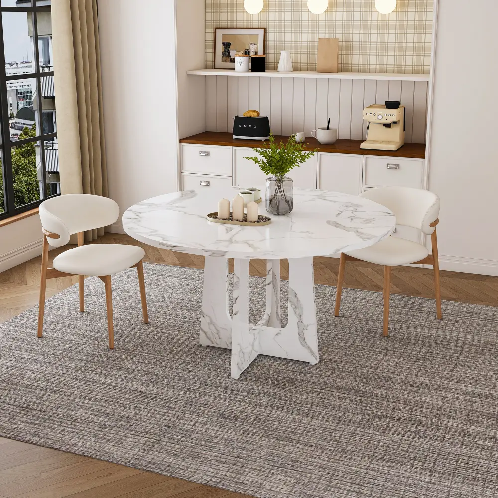 47.24" Round Farmhouse MDF Veneer Dining Table - Stain-Resistant Marble-Look Finish, 300lb Capacity, Tool-Free Easy Assembly, Seats 4 for Kitchen/Dining Room, Modern Spiced Design
