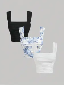 Women's Plain / Floral Print Ruched Tulle Tank Top, Elegant Sleeveless Top for Summer, Ladies Clothes for Daily Wear, Cropped Cami Top