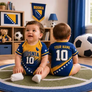 Personalized Bosnia Baby Bodysuit, Custom Name Number Baby Soccer Bodysuit, Bosnia Inspired Infant Outfit, Football Fan Baby Romper V6S