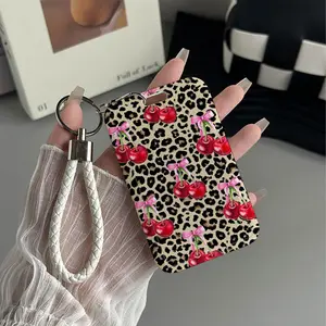 Cherry Bow Leopard Pattern Design Plastic Id Card Holder With Lanyard for Doctors, Nurses, Students-Bus Card Case, Campus Card Protector Perfect Halloween Christmas Gift