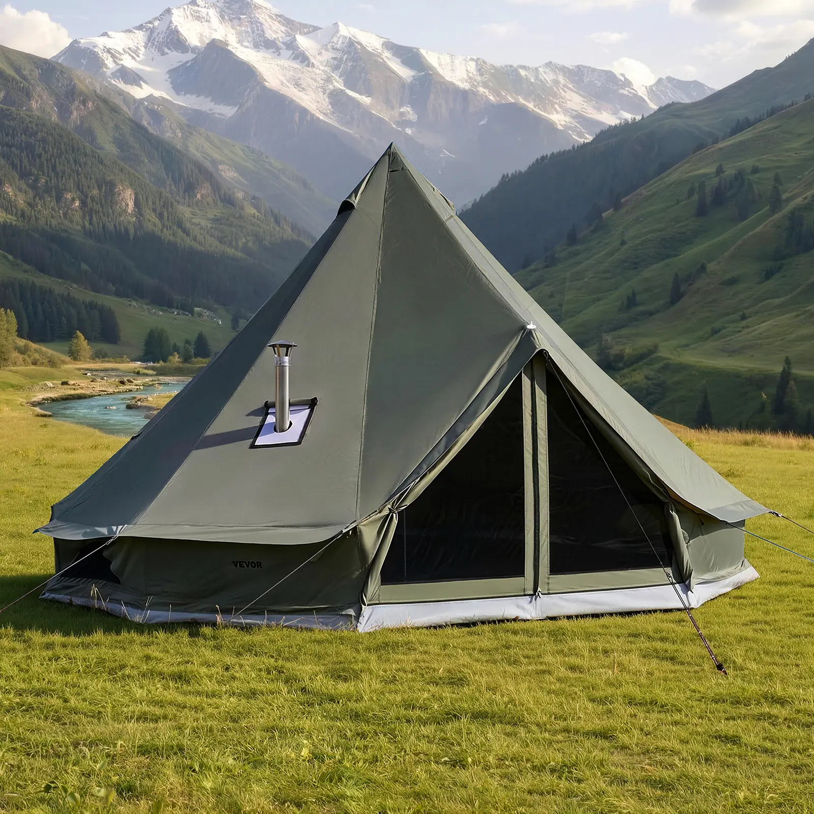 【SummerFinds】VEVOR 13.12 ft Canvas Bell Tent, 4-Person Yurt for All Seasons Camping, Easy Setup Glamping Tent with Stove Jack and Zipped Floor, Easy Setup Tent