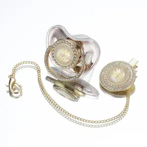 MIYOCAR Sparkling Bling Custom Baby Pacifiers and Clips/Holder Kit with Name Handle Adorned with Rhinestones For Boy Girl shower
