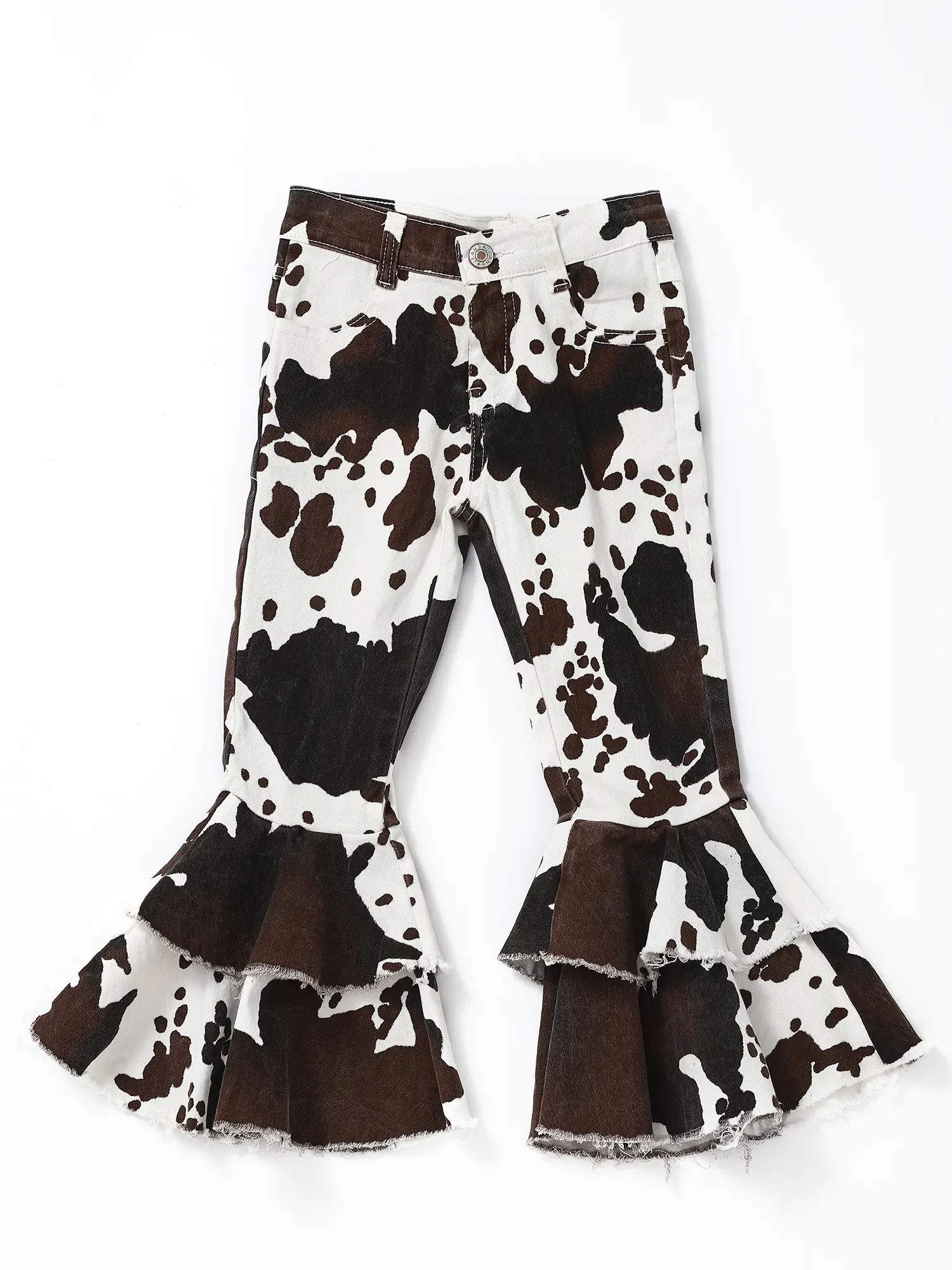 Girls' Brown Cow Print Ruffle Bell Bottom Denim Pants, Western Charm Rodeo Wear, Playful Print Statement Piece, Versatile Kids' Fashion Bottoms
