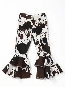 Girls Brown Cow Print Ruffle Bell Bottom Denim Pants