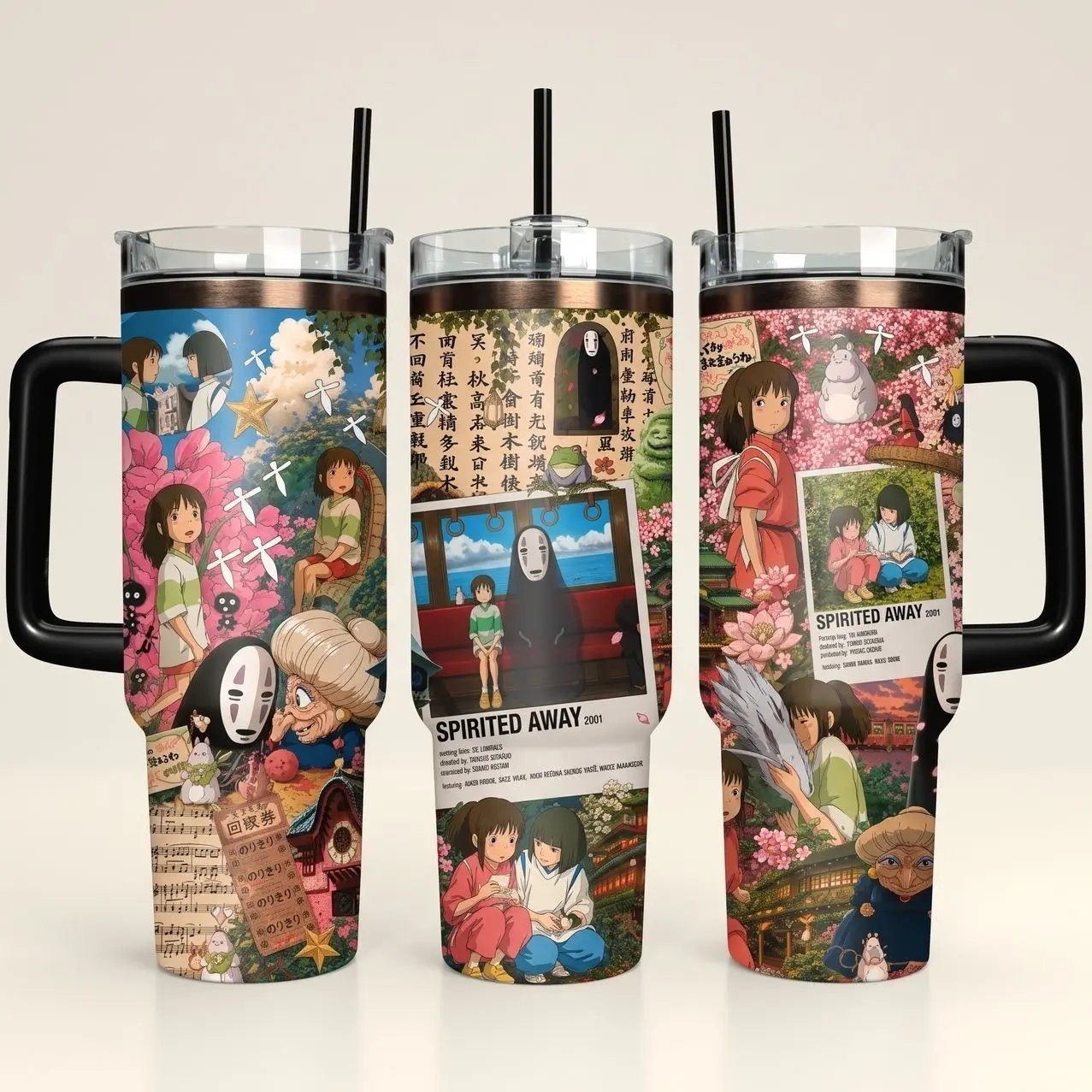 Spirited Away 40oz Insulated Tumbler with Handle | Studio Ghibli Chihiro, Haku, and No Face Travel Mug | Perfect Gift for Ghibli Lovers