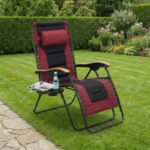 Oversized Padded Zero Gravity Chair, Foldable Patio Recliner, 30" Wide Seat Anti Gravity Lounger with Cup Holder, Support 400 LBS, Black+Red