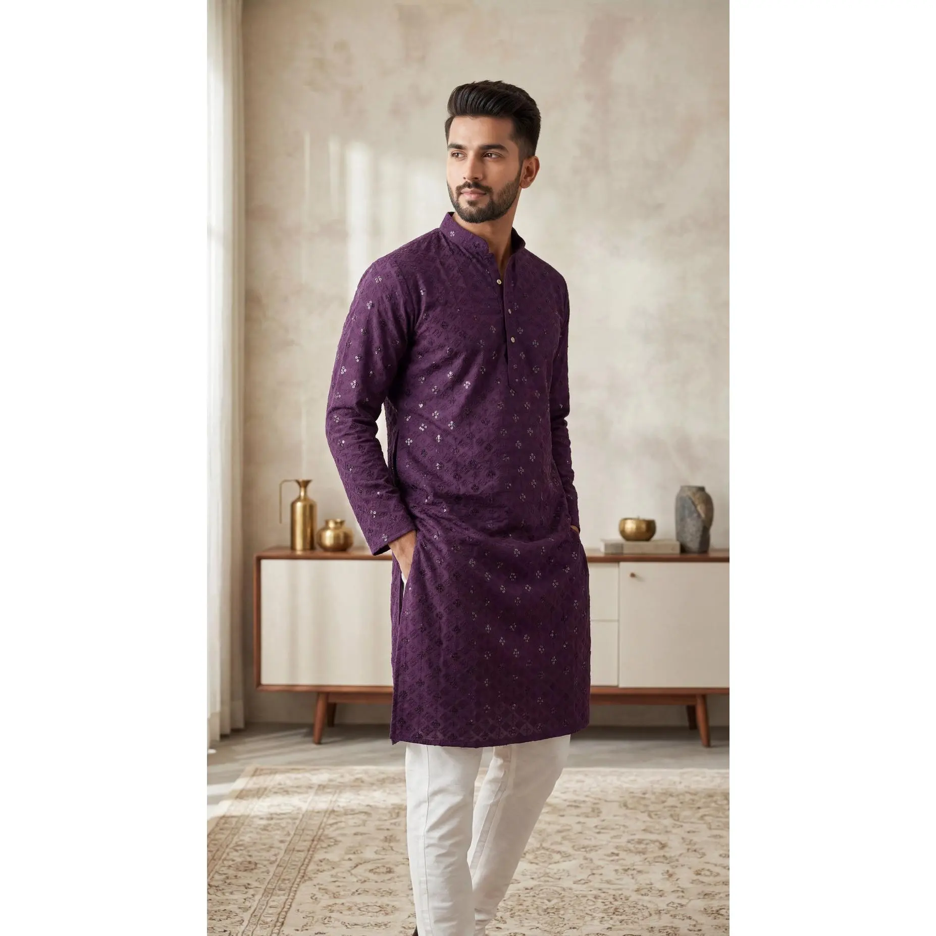 Men Purple Lakhnavi Kurta with All-Over Motif and Stand Collar for Festive Wear