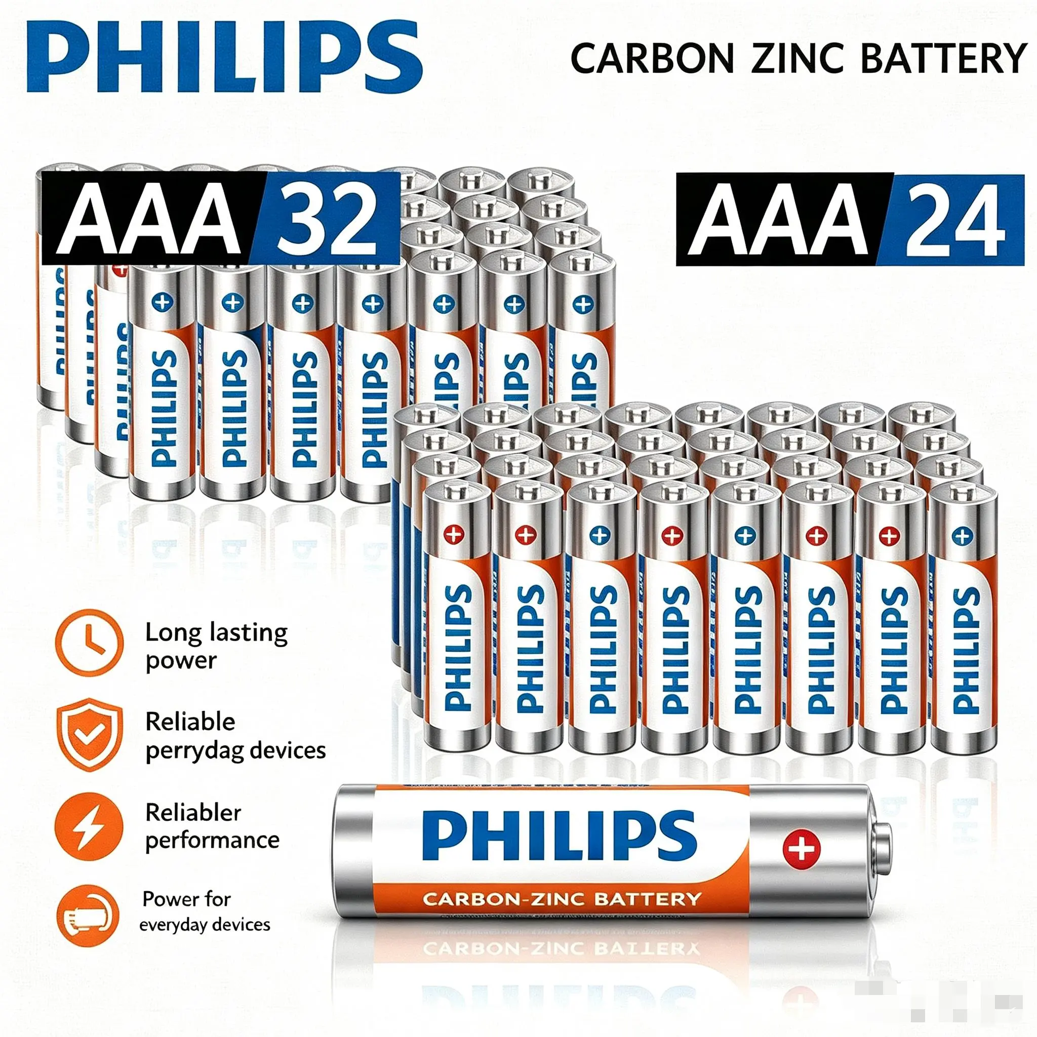 Philips Carbon Battery Pack - 24 & 32 & 60 AAA Ultra Carbon Batteries for Reliable Power