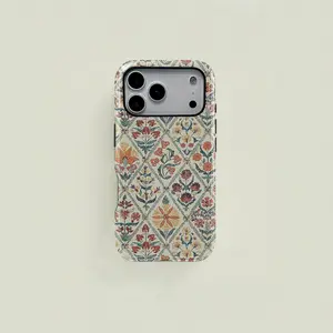Beige, blue, and orange Bohemian retro floral pattern protective case, a sturdy and durable 2-in-1 case, compatible with iPhone 17/16/15/14/13/12/11 Pro Max/Plus/Pro, and Samsung Galaxy S26/S25/S24/S23 Ultra series, a simple and stylish phone case.