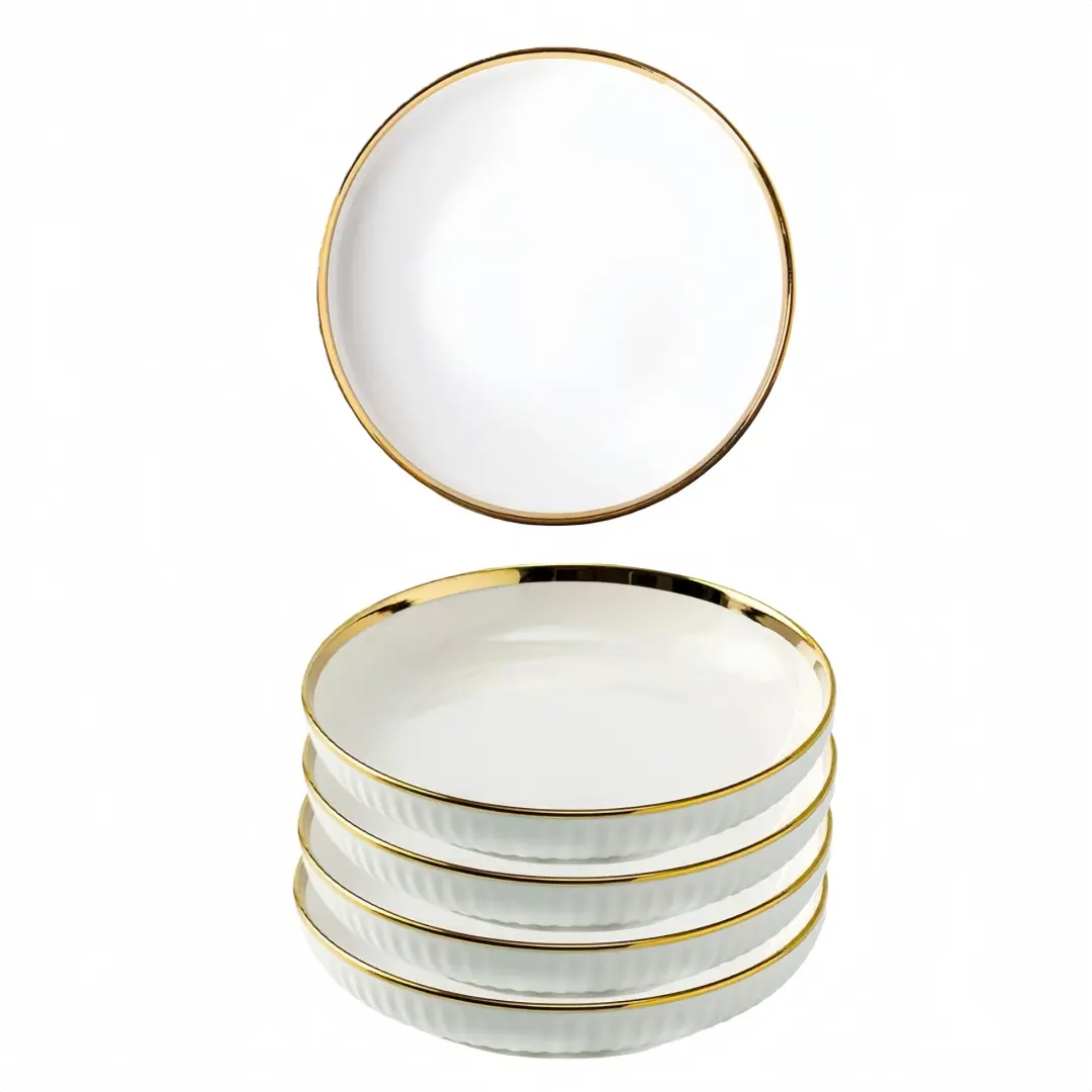 2/4pcs Ceramic Round Dinner Plates Set, Serving Plates, Edge Design, High Aesthetic, for Creative Dessert, Steak, Western Salad, Microwave Safe, Dishwasher Safe Tableware