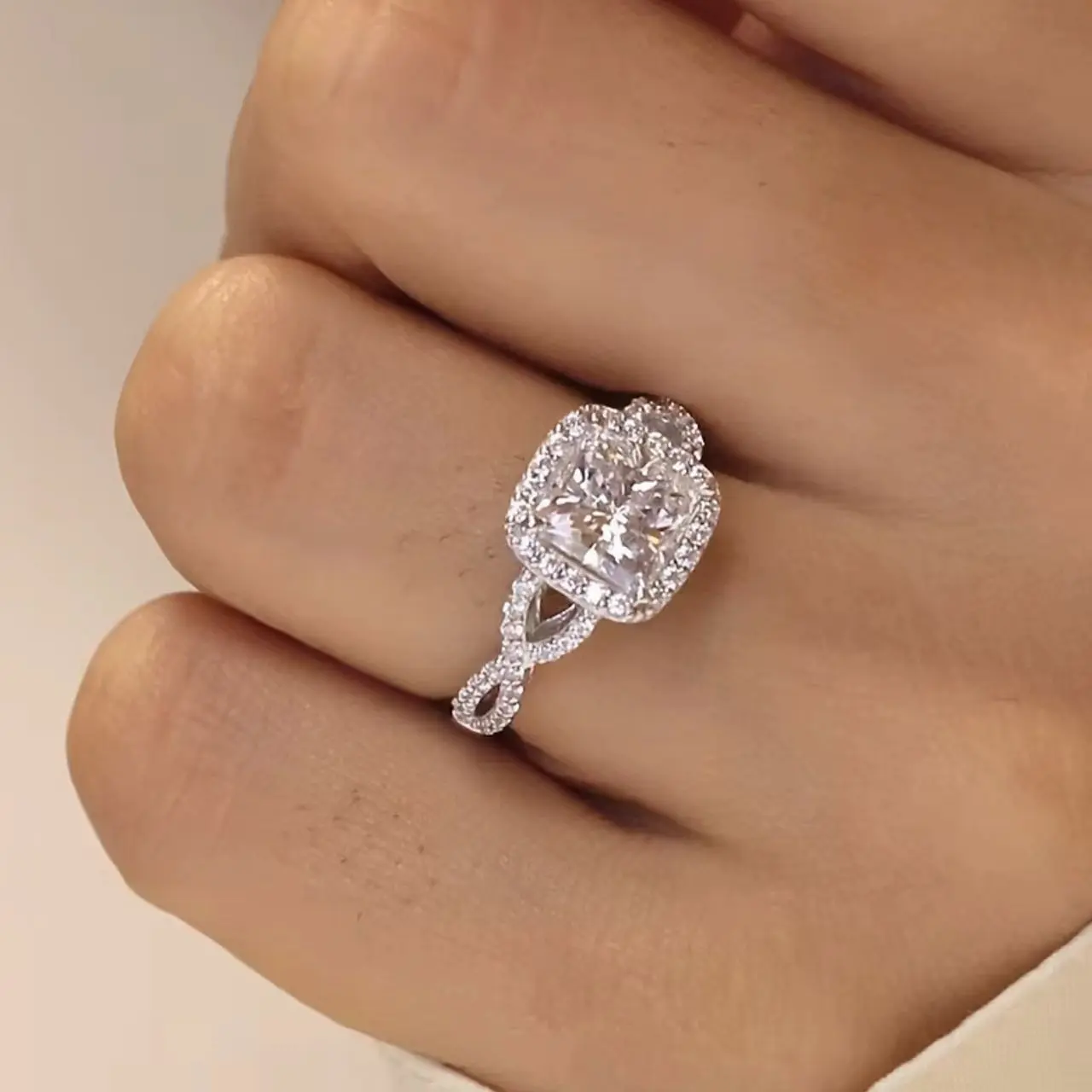 Square Cubic Zirconia Engagement Ring, Elegant Twisted Silver Plated Band, Wedding Jewelry for Anniversary Gift