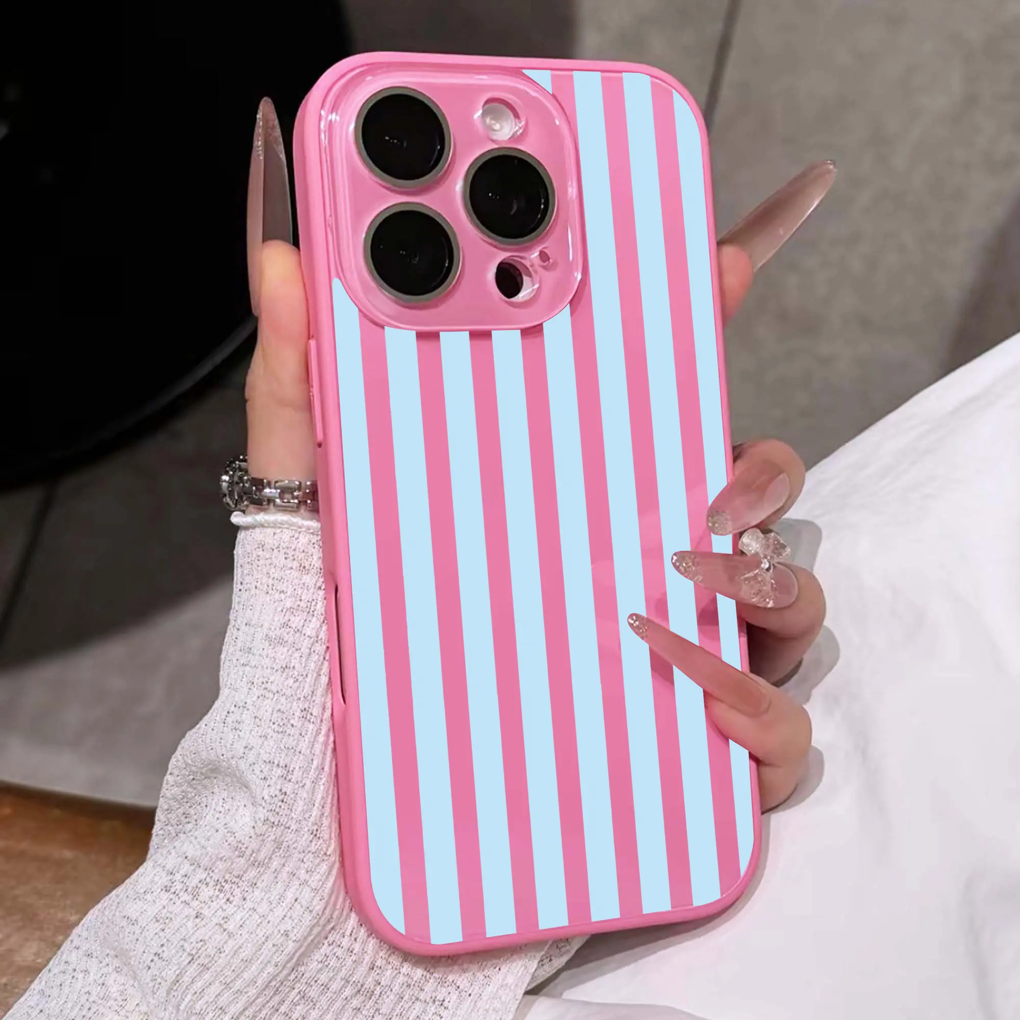Aesthetic Light Blue Striped Phone Case for Women Girl Built-in Camera Protector Shockproof Hard PC Protective Cover for iPhone 17 16 15 14 13 Pro Max