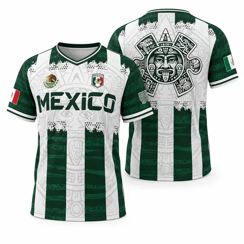 Men's Lightweight Jersey with Aztec Calendar Design, V-Neck Short-Sleeve Sports Top in Breathable Birdseye Fabric, Mexico 2026 Fan Wear