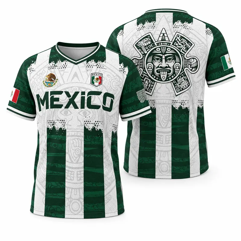 Men's Lightweight Jersey with Aztec Calendar Design, V-Neck Short-Sleeve Sports Top in Breathable Birdseye Fabric, Mexico 2026 Fan Wear