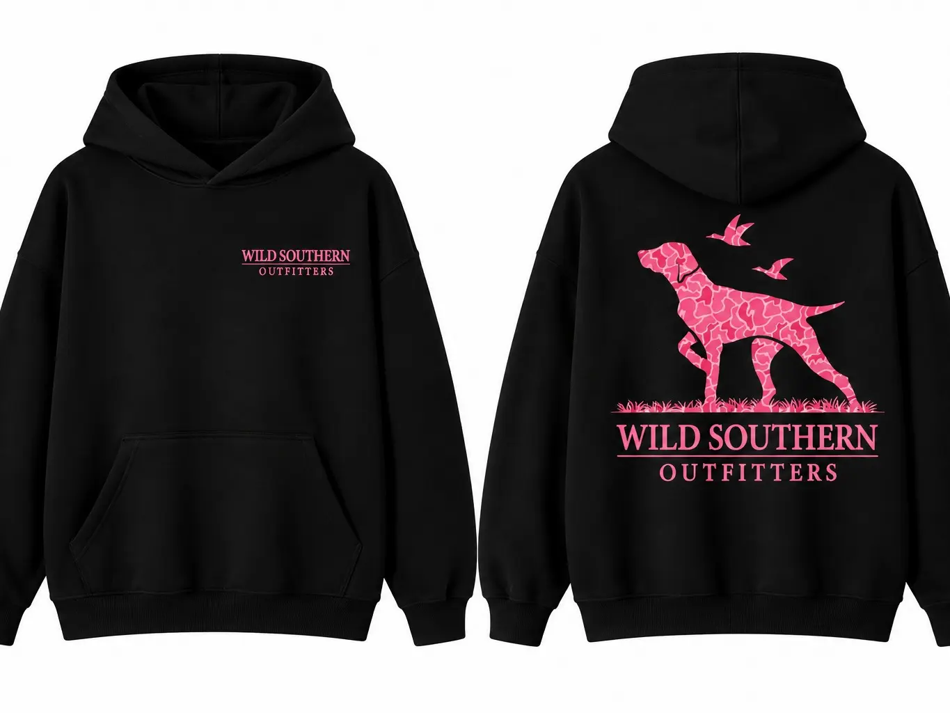 Wild Southern Outfitters Pink Camo Pointer Bird Dog Crewneck Sweatshirt Women Black Oversized Country Hunting Pullover Front Logo Back Graphic Long Sleeve Outdoor Farm Western Casual Fleece Sweatshirt Gift for Bird Dog Hunting Lover