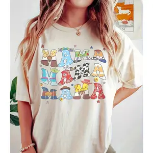 Mama Cartoon Shirt, Mama Print Crew Neck T-shirt, Mother's Day Shirt For Mom, Casual Short Sleeve Top, Women's Clothing