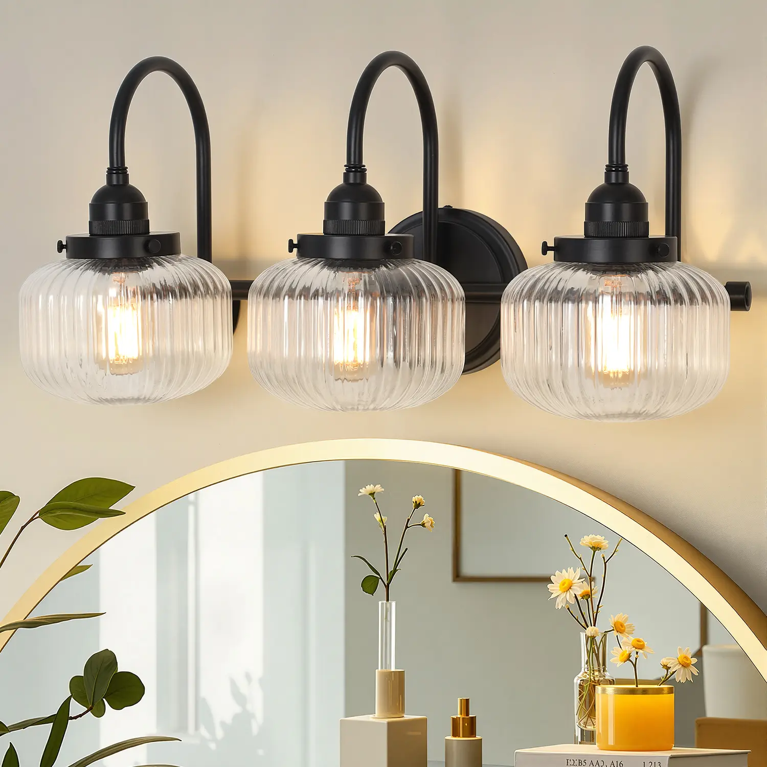 3-Lights Globe Wall Sconce Lamps, Striped Glass Bathroom Sconces for Mirror, Hardwired Wall Vanity Light Fixtures, Vintage Home Wall Lamps Decor for Living Room(Bulbs Not Included)