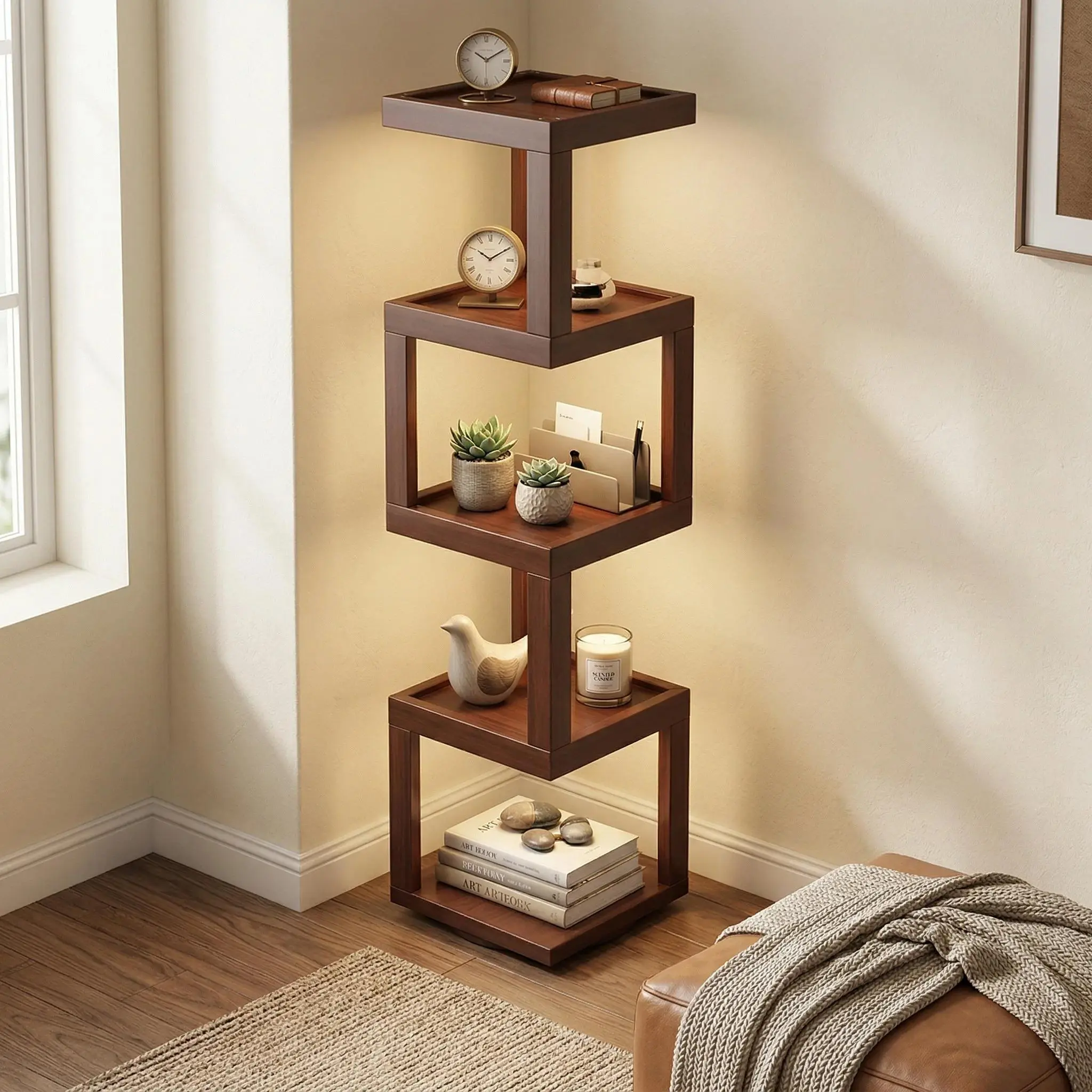 Mid-Century Style 4-Tier Revolving Bookshelf – 360° Rotating Corner Shelf Decoration Items Bamboo