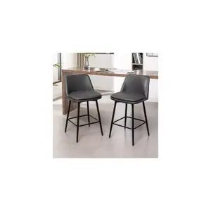 Lyngins Mid-Century Modern Counter Height Bar Stools Set of 2, PU Leather Counter Stools with Matte Black Metal X-Legs & Footrest for Kitchen Island