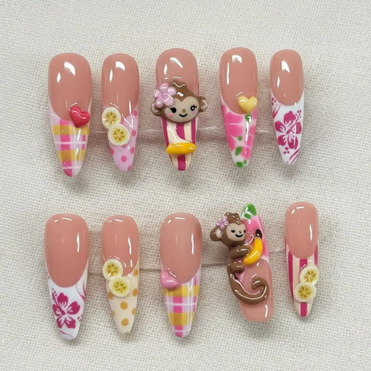 3D Banana Monkey Press On Nails | Kawaii Handmade Fake Nails Floral nail Pink nails