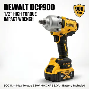 DEWALT DCF900 20V MAX Brushless High Torque 1/2-Inch Impact Wrench Kit with 5Ah Lithium Ion Battery and Charger for Heavy Duty Automotive Repair and Steel Construction Featuring 900 N.m Max Torque and Precision Wrench Mode