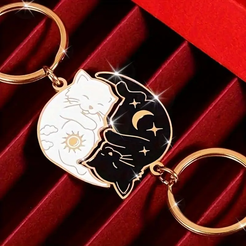 Women's 2-Pack Basic Alloy Dainty Animal Motif Enamel Accessory Hook Keychains - Coin-Shaped Compact Cat Kitten Pendant Key Rings, 2 Pieces [Black and White], Everyday Casual Fashion Gift for Cat Lovers, Animal Motif Keychains, Multipack, Patchwork, Two P