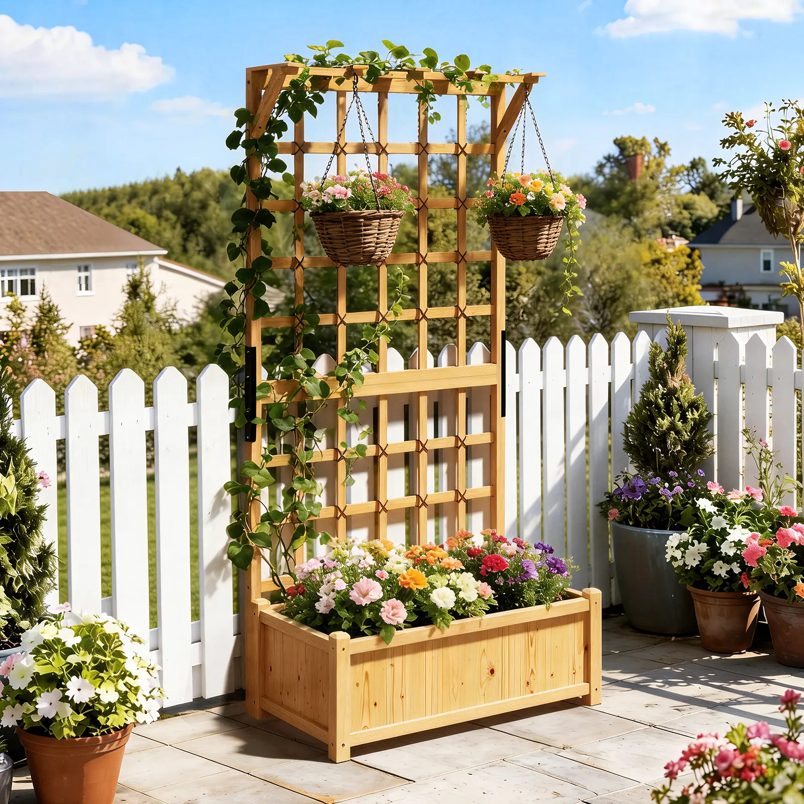 Aoxun 36" Wood Raised Garden Bed with Trellis & Hanging Roof, Elevated Planting Box, Climbing Planting Stand, Outdoor Planter Container for Backyard Garden Supplies, Elevated Planting Boxes